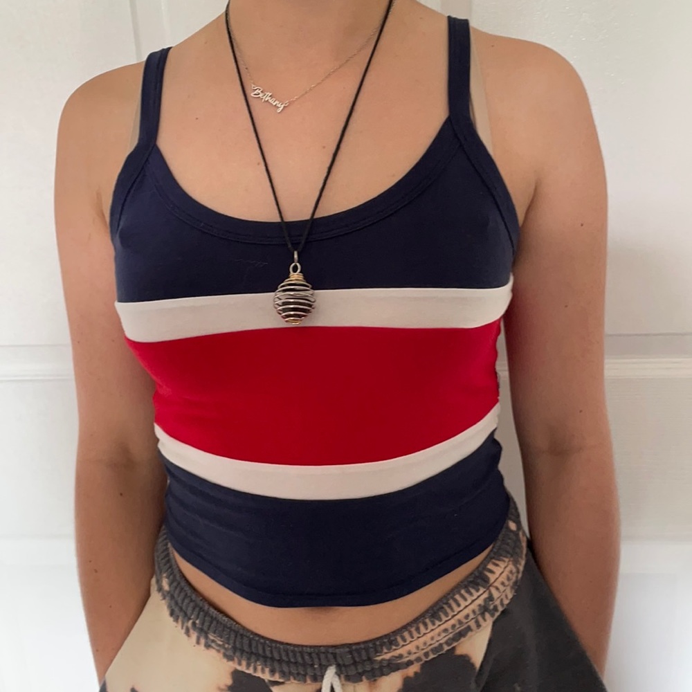 Tired white and blue cropped tank